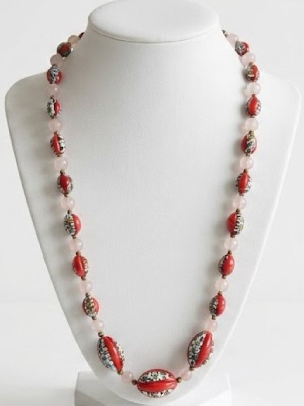 Vintage Hand Painted Chinese Porcelain Bead Necklace Rose Quartz Accents Antique